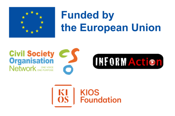 EU logo with the text "Funded by the European Union", Civil Society Organisation Network logo, InformAction logo and KIOS Foundation logo.