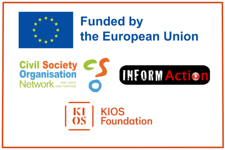 EU logo with the text “Funded by the European Union”, Civil Society Organisation Network logo, InformAction logo and KIOS Foundation logo.