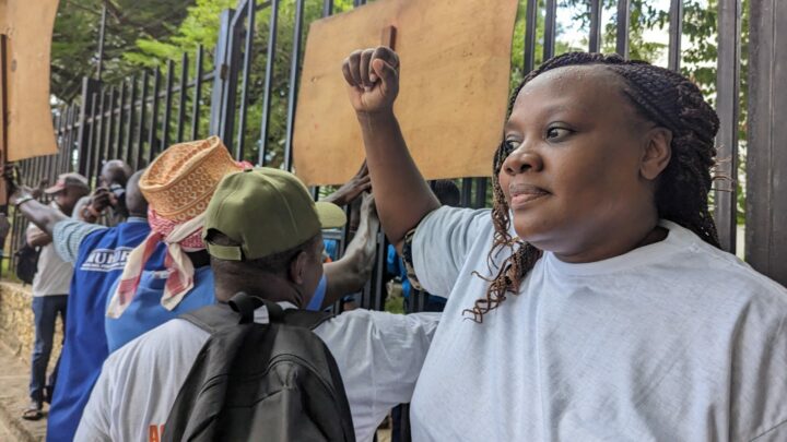 Phyllis Omido seisoo nyrkki pystyssä aidan edessä yhdessä muiden mielenosoittajien kanssa.